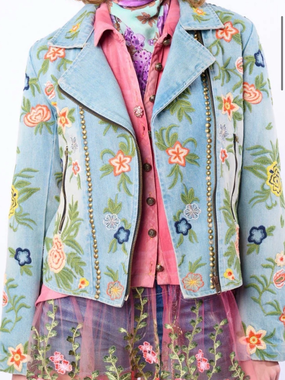 Aratta Light Blue Floral Embroidered Denim Moto Jacket